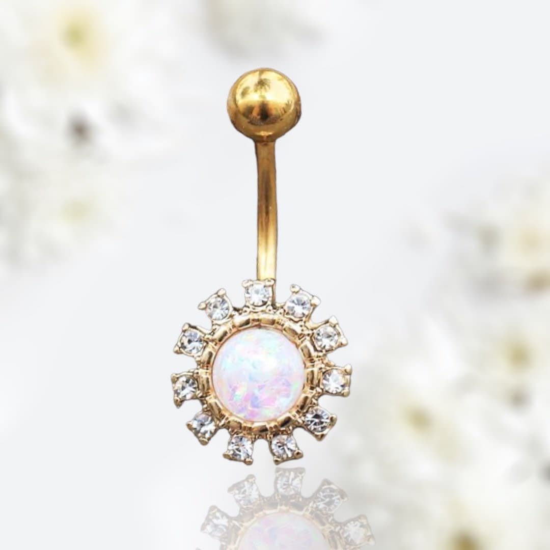 14G Gold Sun White Opal Minimalist Dainty Belly Button Ring