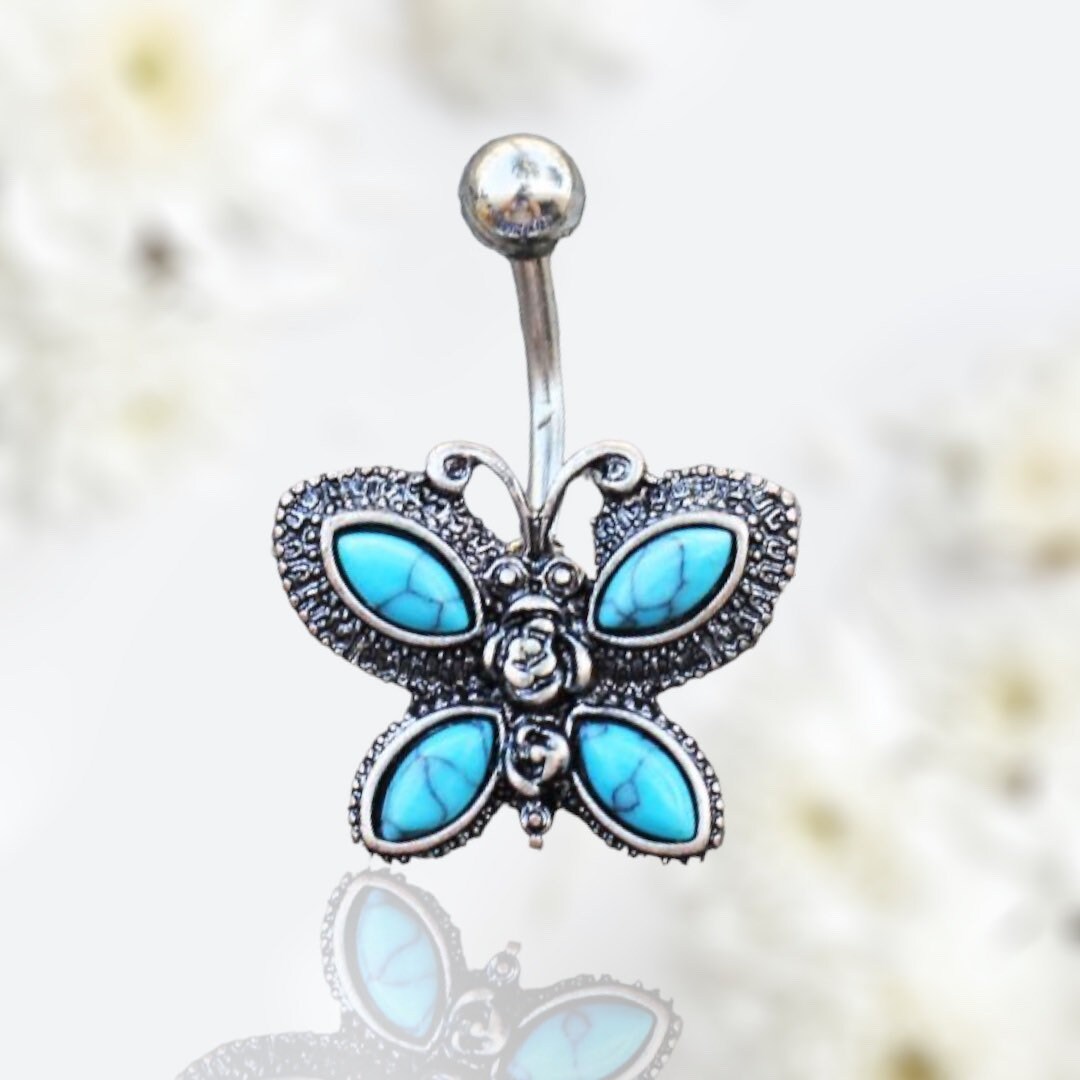 14G Silver Antique Butterfly Turquoise Belly Button Ring