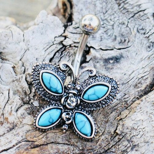 14G Silver Antique Butterfly Turquoise Belly Button Ring