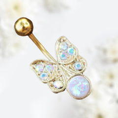 14G Gold Butterfly White Opal Belly Button Ring