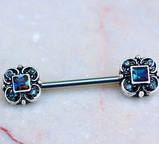 Pair of 14G Ornate Multicolor Gem Nipple Barbell