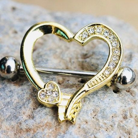 Pair of 14G Gold Clear Gem Arrow Heart Nipple Shield Barbells