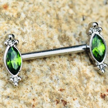 Pair of 14G Green Gem Oval Nipple Barbell