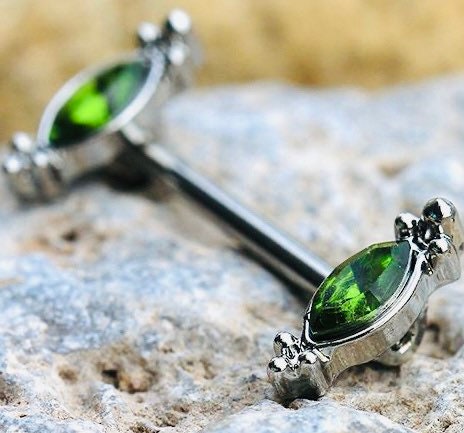 Pair of 14G Green Gem Oval Nipple Barbell