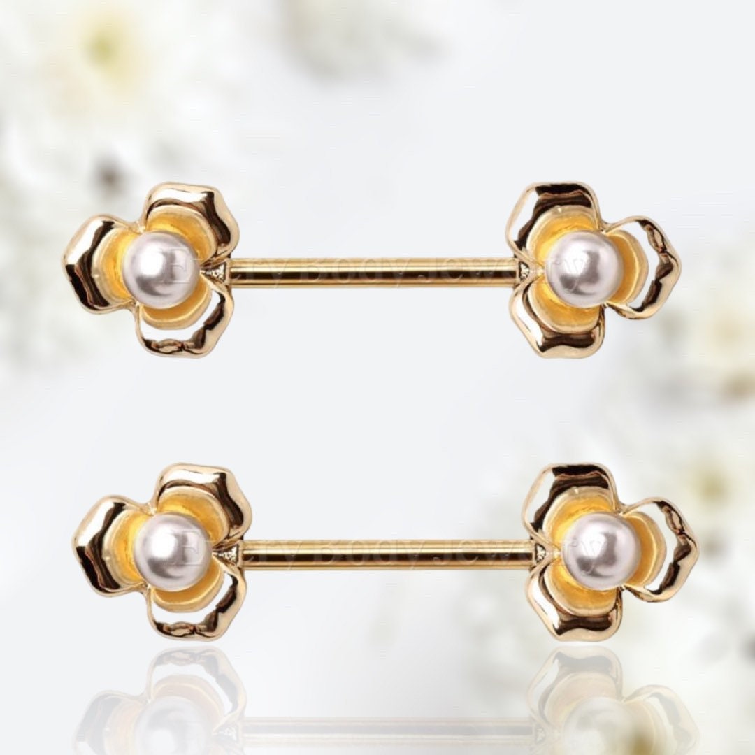 Pair of 14G Gold Flower with White Pearl Nipple Barbell