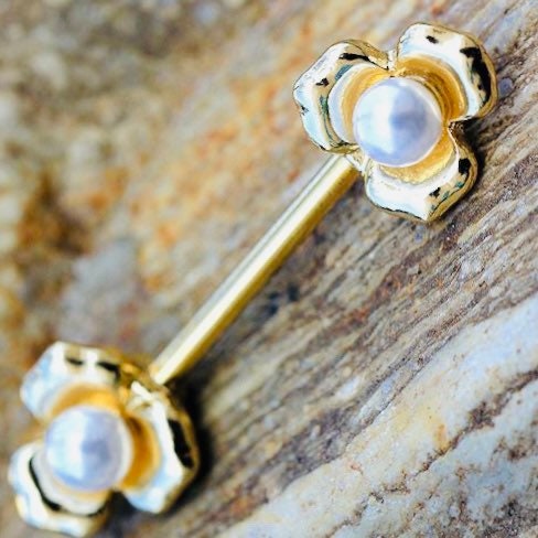 Pair of 14G Gold Flower with White Pearl Nipple Barbell