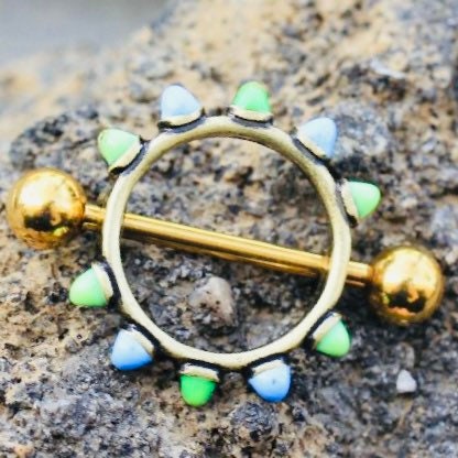 Pair of 14G Gold Blue & Green Cones Nipple Shield Barbells