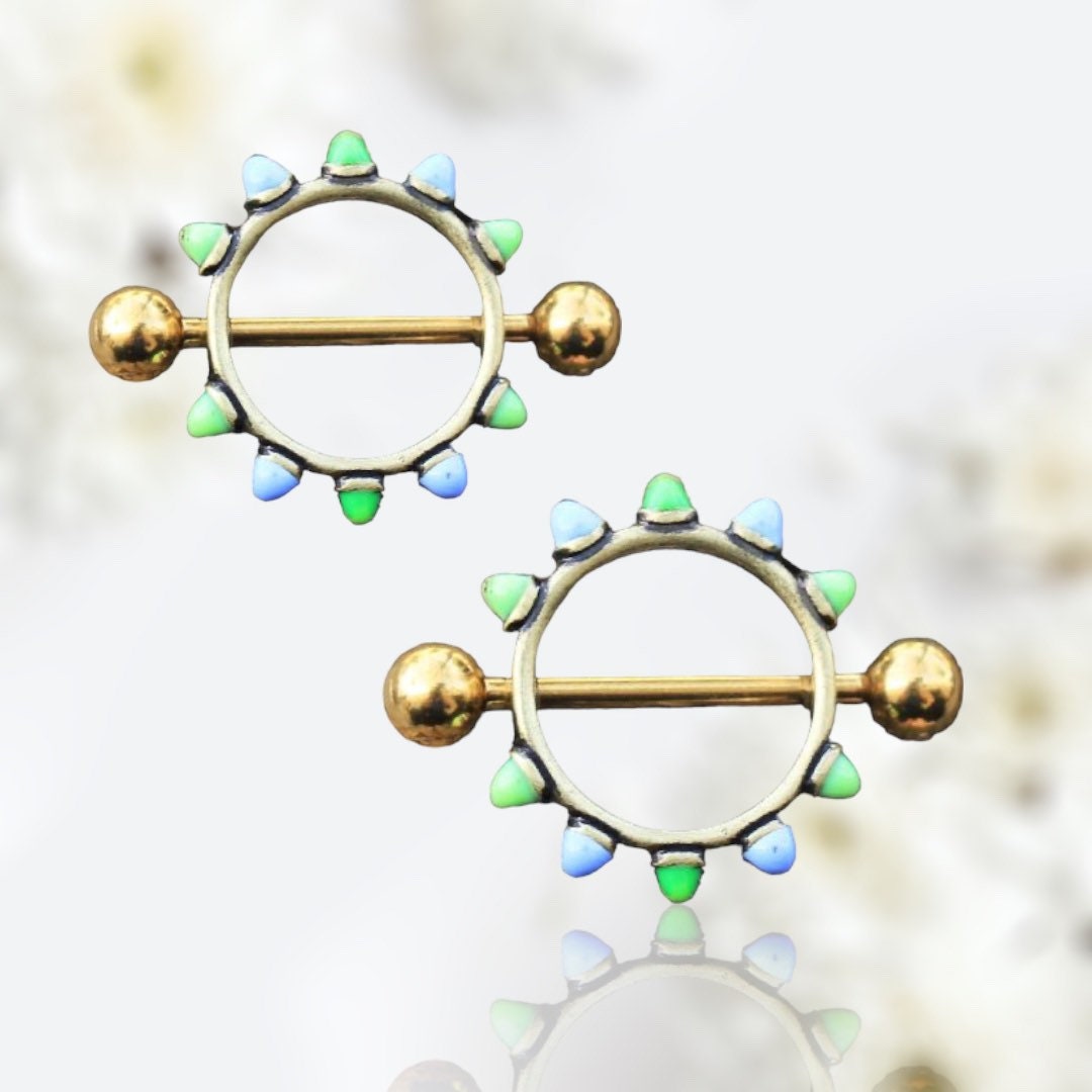 Pair of 14G Gold Blue & Green Cones Nipple Shield Barbells