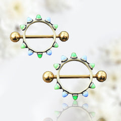 Pair of 14G Gold Blue & Green Cones Nipple Shield Barbells