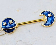 Pair of 14G Gold Blue Galaxy Nipple Barbell