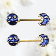 Pair of 14G Gold Blue Galaxy Nipple Barbell