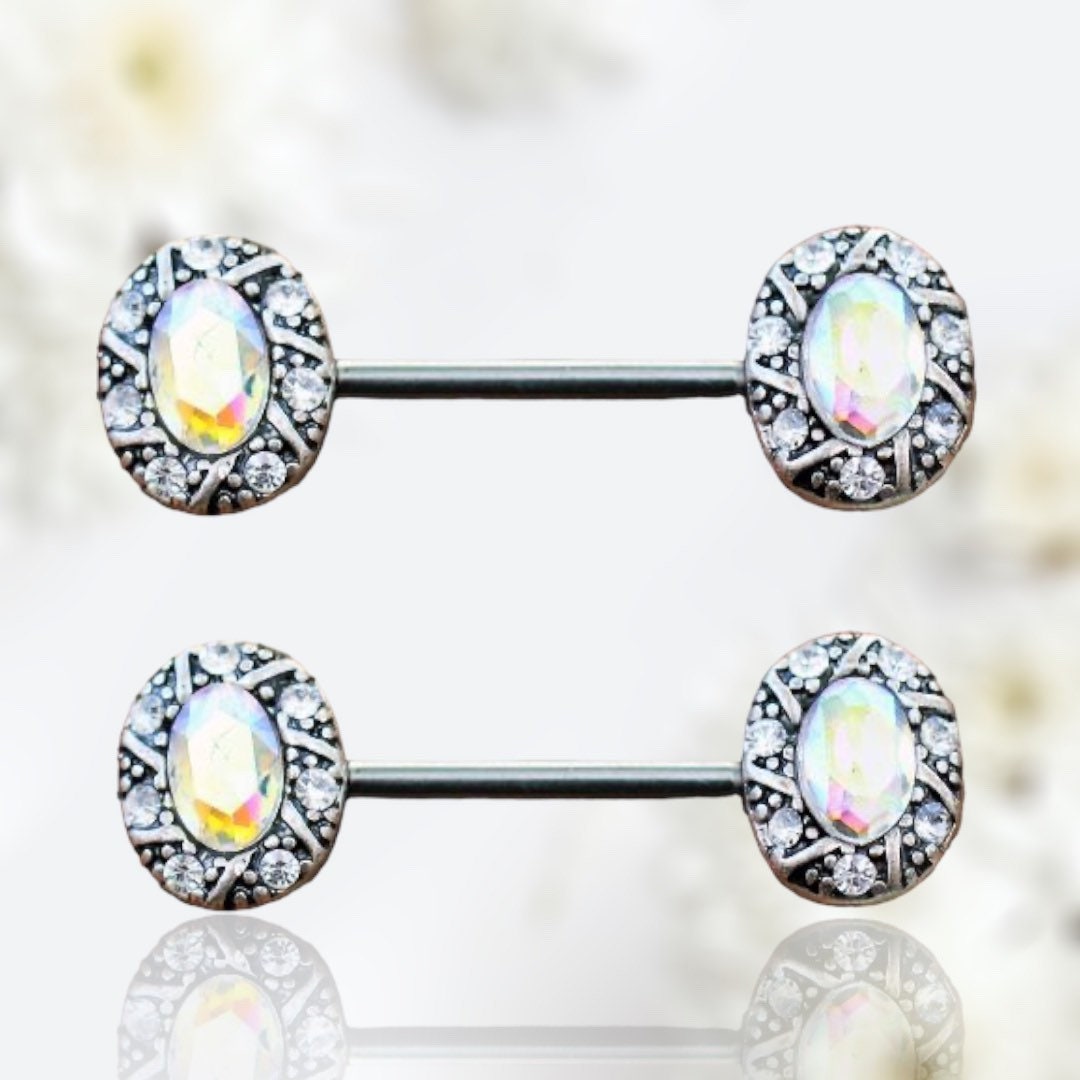 Pair of 14G Multicolor Oval Gem Nipple Barbell