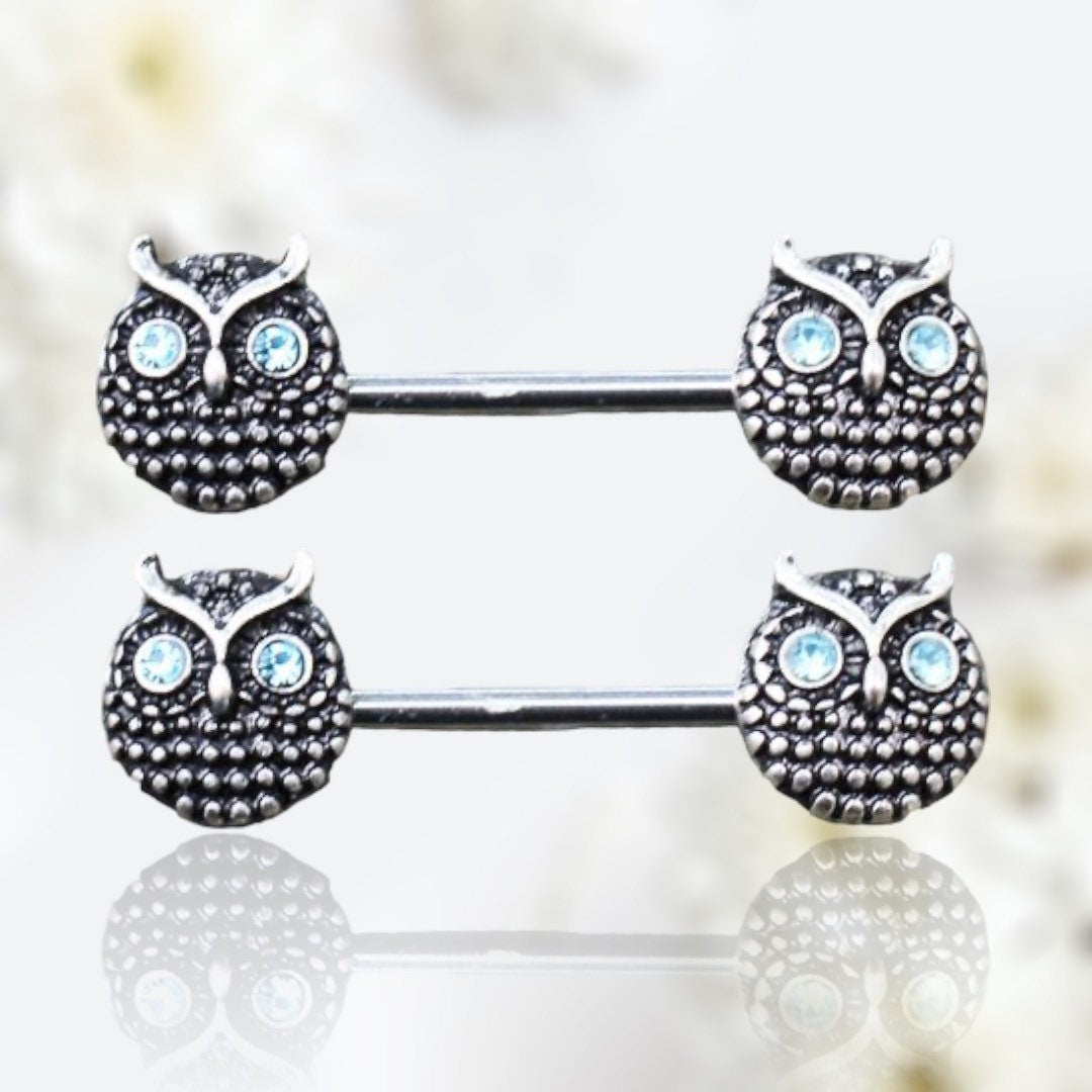 Pair of 14G Blue Eyed Owl Ends Nipple Barbell