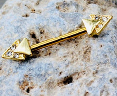 Pair of 14G Gold Clear Gem Double Triangle Ends Nipple Barbell