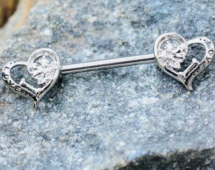 Pair of 14G Clear Gem Lovely Hearts Ends Nipple Barbell