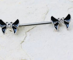 Pair of 14G Clear Gem Black Butterfly Ends Nipple Barbell