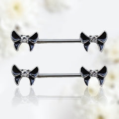 Pair of 14G Clear Gem Black Butterfly Ends Nipple Barbell