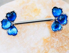 Pair of 14G Blue Gem Black Clover Ends Nipple Barbell