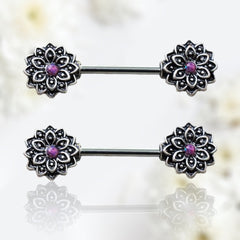 Pair of 14G Pink Opal Lotus Flower Ends Nipple Barbell