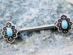 Pair of 14G Blue Gem Vintage Charm Ends Nipple Barbell