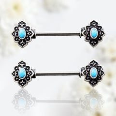 Pair of 14G Blue Gem Vintage Charm Ends Nipple Barbell