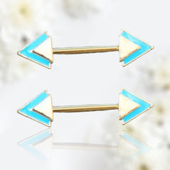 Pair of 14G Gold Teal Blue Triangle Ends Nipple Barbell