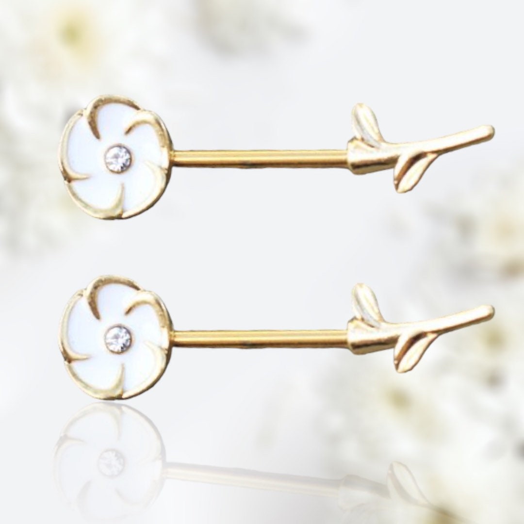 Pair of 14G Gold Dainty White Enamel FlowerEnds Nipple Barbell