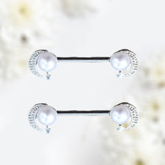 Pair of 14G Silver White Pearl Moon & Star Nipple Barbell