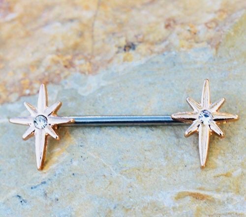 Pair of 14G Rose Gold Clear Gem Star Nipple Barbell