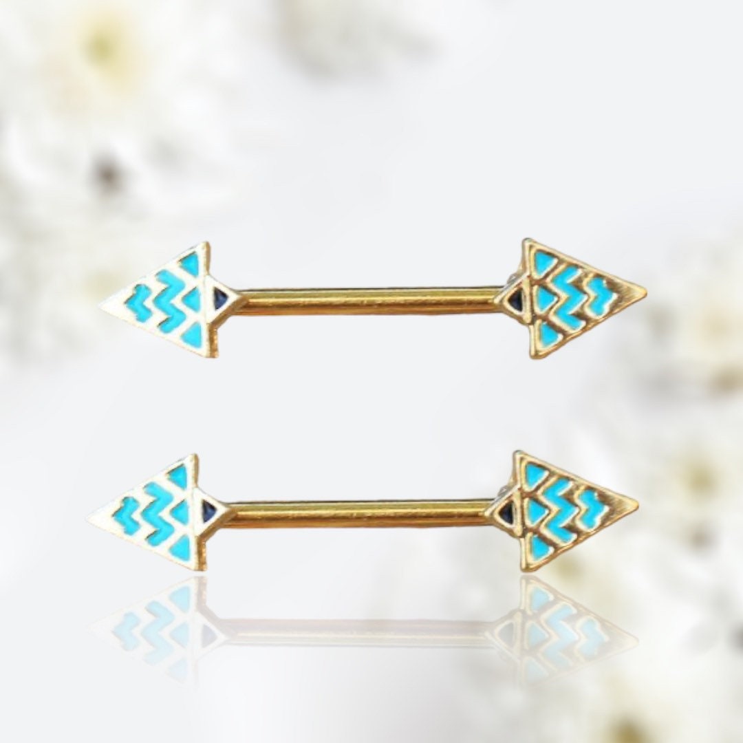 Pair of 14G Gold Teal Blue Triangle Nipple Barbell