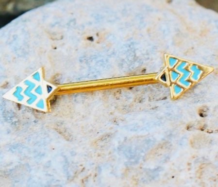 Pair of 14G Gold Teal Blue Triangle Nipple Barbell