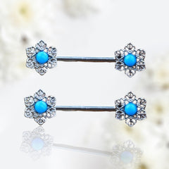 Pair of 14G Blue Opal Gem Flower Nipple Barbell