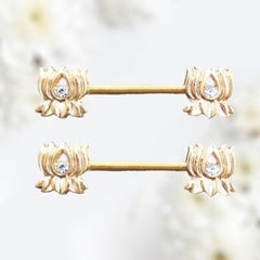 Pair of 14G Gold Lotus Flower Clear Gem Nipple Barbell