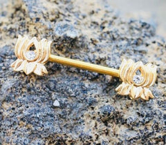 Pair of 14G Gold Lotus Flower Clear Gem Nipple Barbell