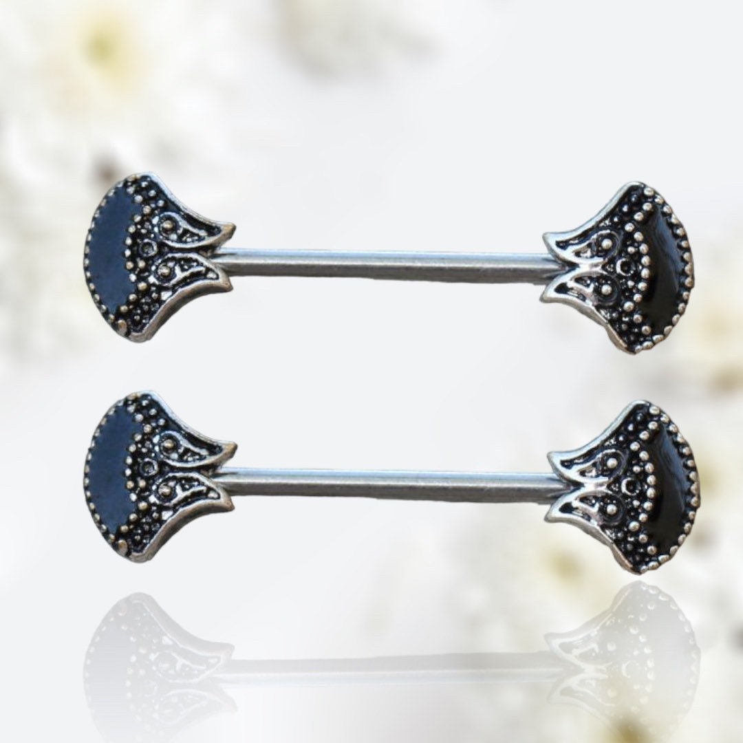 Pair of 14G Silver Antique Tribal Fan Nipple Barbell