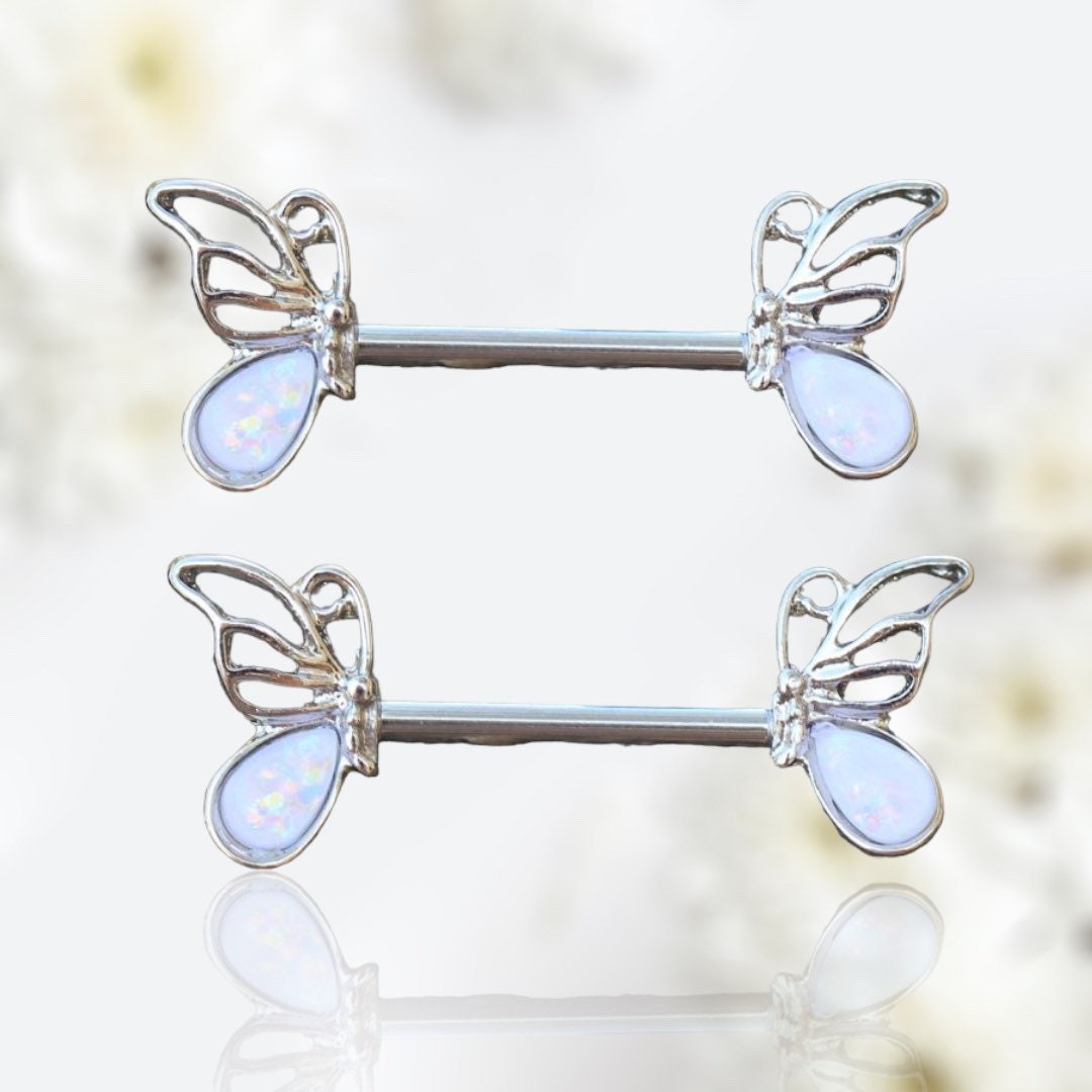 Pair of 14G Silver White Opal Butterfly Nipple Barbell