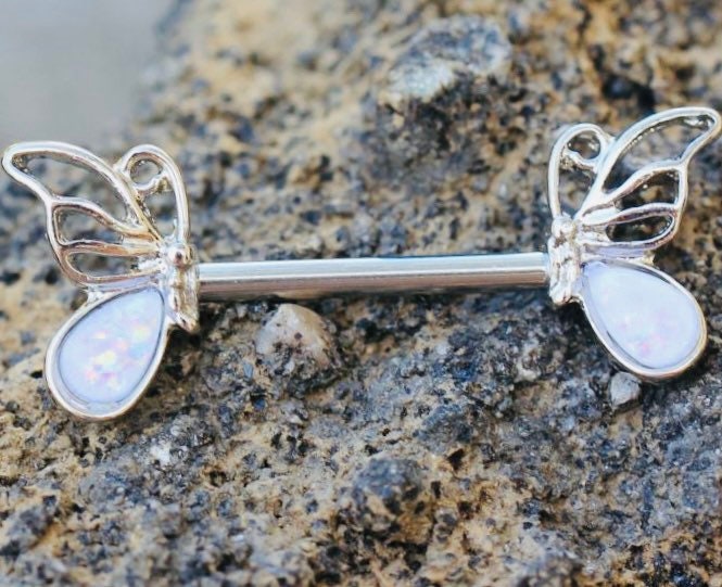 Pair of 14G Silver White Opal Butterfly Nipple Barbell