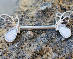 Pair of 14G Silver White Opal Butterfly Nipple Barbell