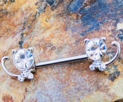 Pair of 14G Silver Clear Gem Kitty Cats Nipple Barbell