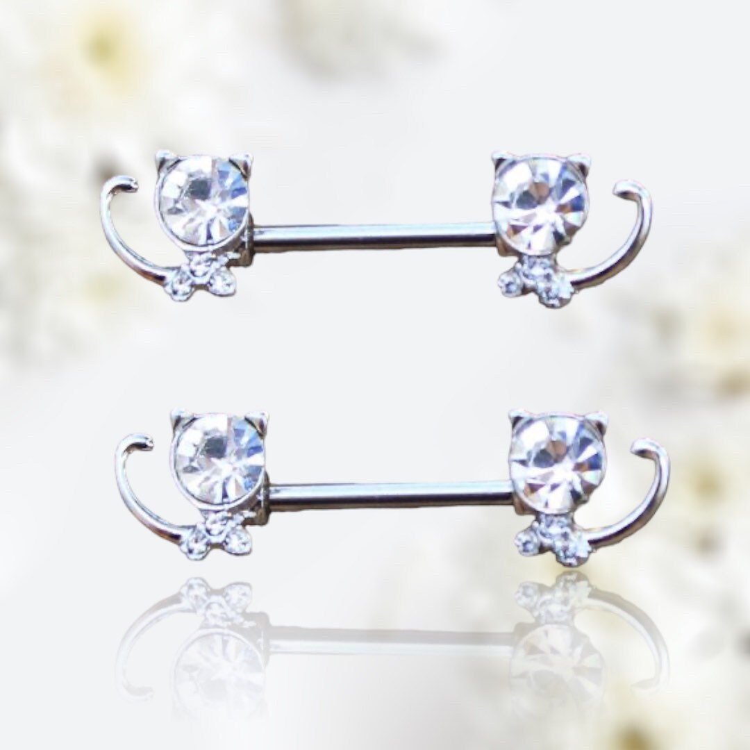 Pair of 14G Silver Clear Gem Kitty Cats Nipple Barbell