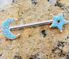 Pair of 14G Rose Gold Turquoise Moon & Star Nipple Barbell