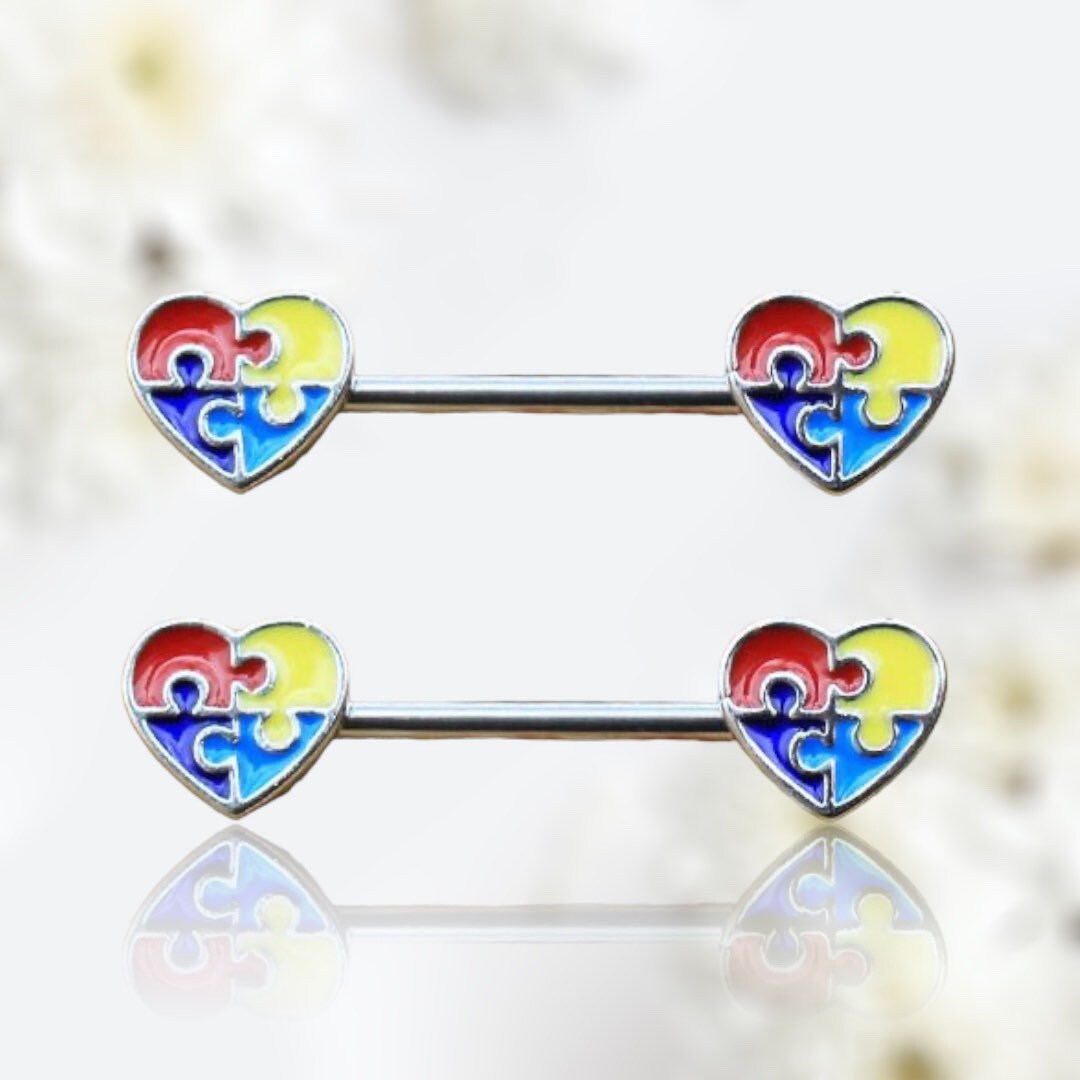 Pair of 14G Silver Puzzle Heart Nipple Barbell