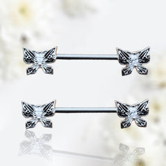 Pair of 14G Silver Clear Gem Exotic Butterfly Nipple Barbell