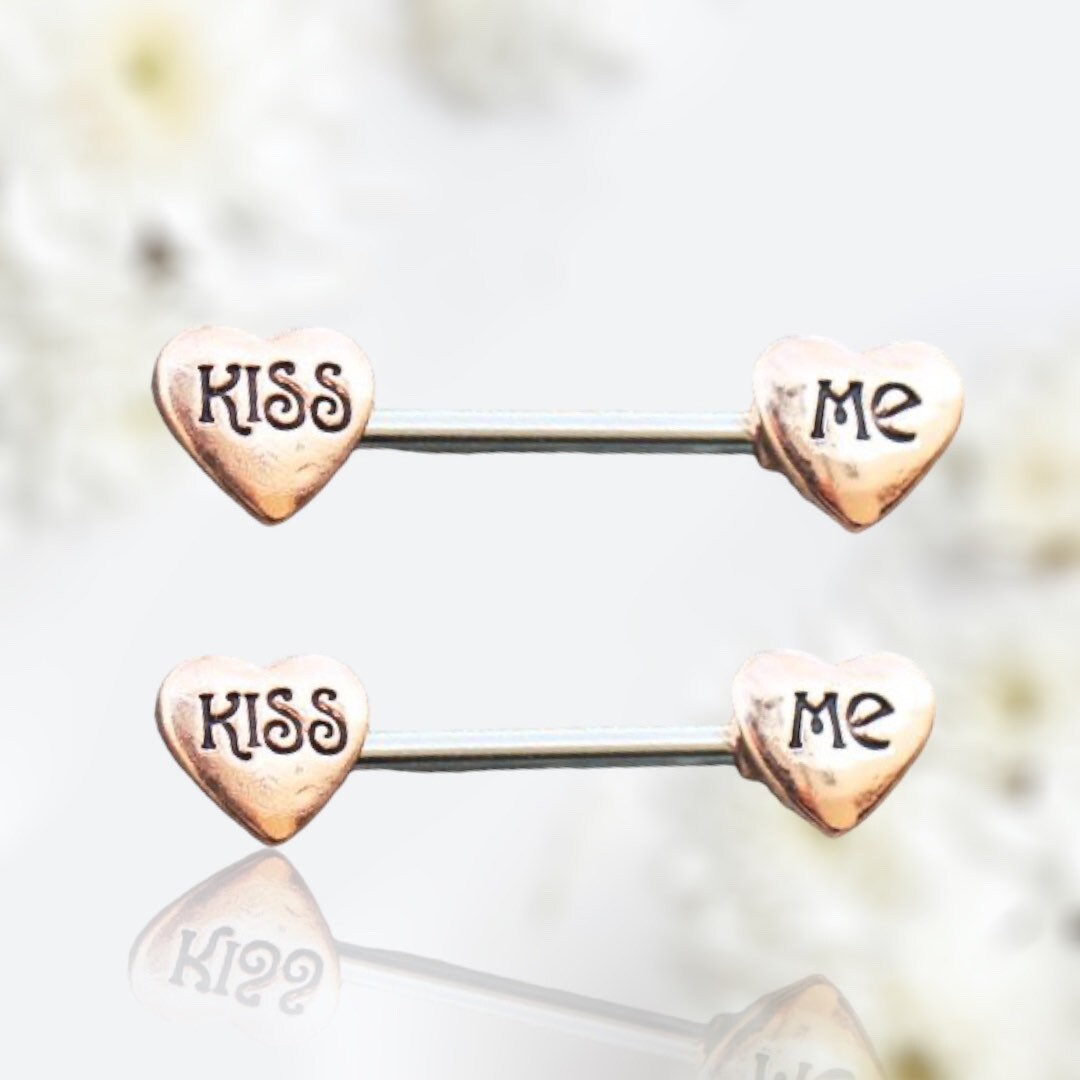 Pair of 14G Rose Gold KISS ME Hearts Nipple Barbell