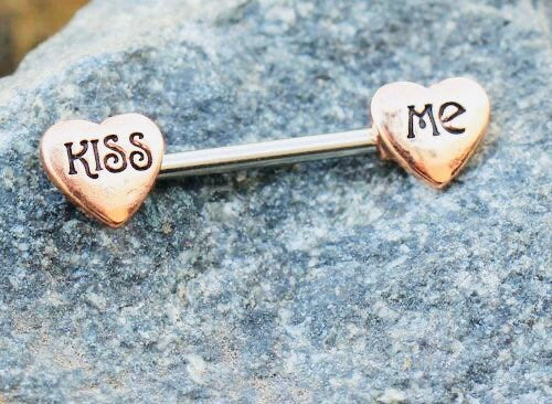 Pair of 14G Rose Gold KISS ME Hearts Nipple Barbell