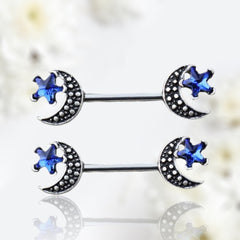 Pair of 14G Silver Blue Star & Moon Nipple Barbell