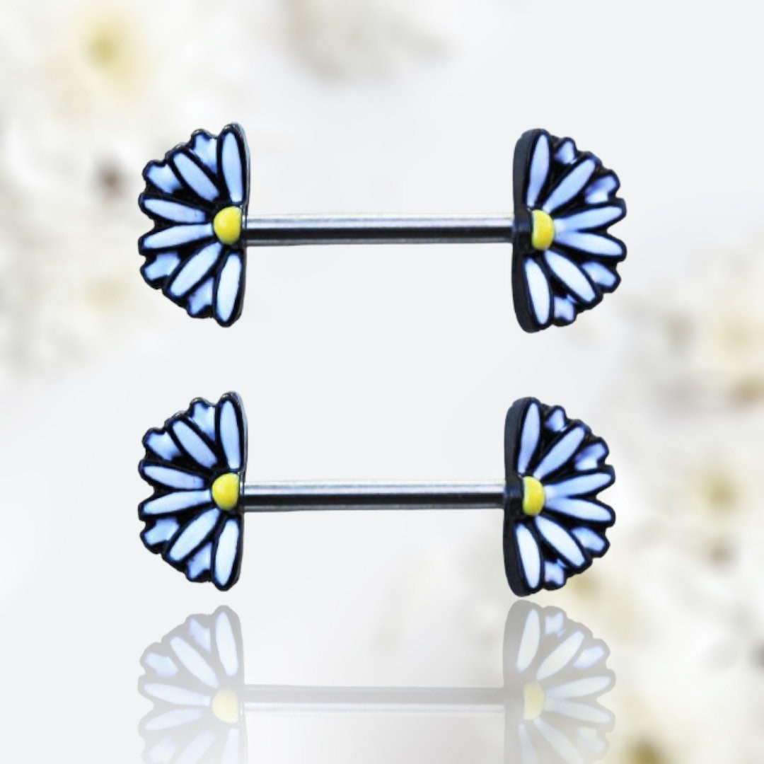 Pair of 14G White Daisy Flower Nipple Barbell