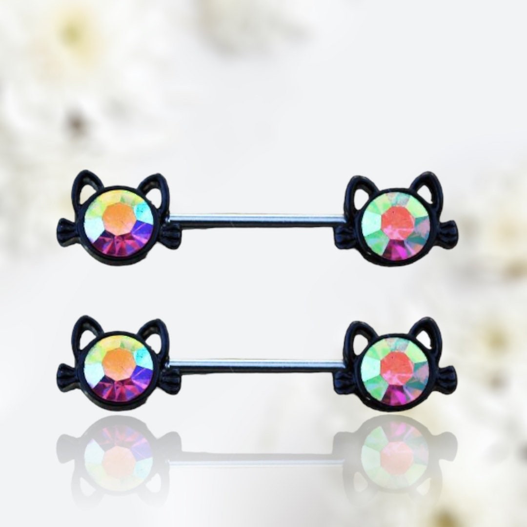 Pair of 14G Black Kitty Cat Nipple Barbell