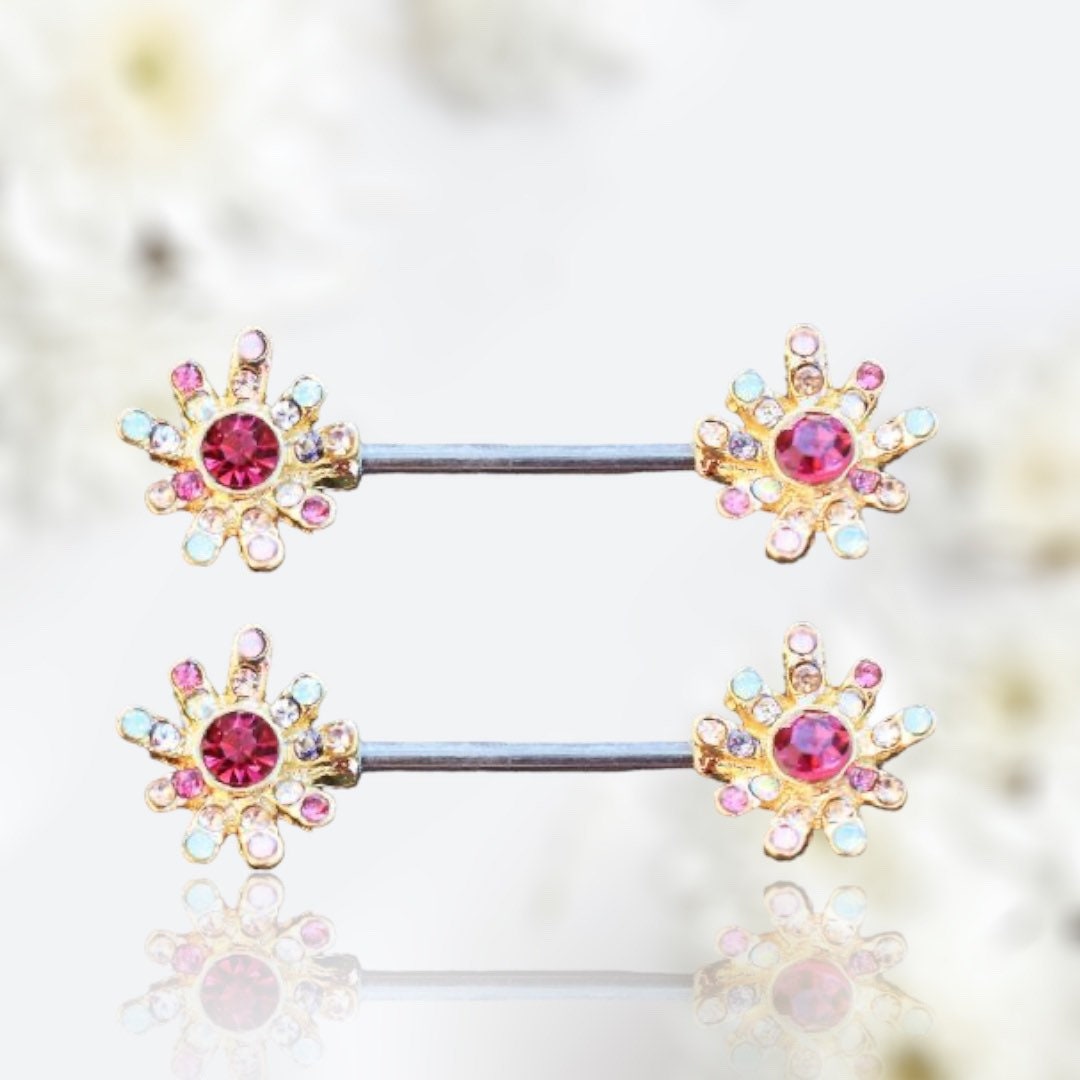 Pair of 14G Gold Multicolor Gem Flower Nipple Barbell