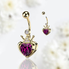 14G Crown and Hot Pink Gem Heart Belly  Button Ring